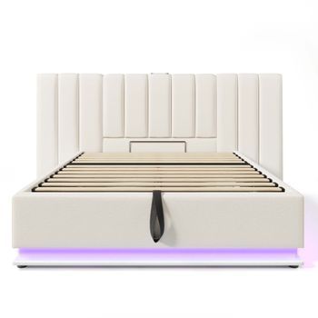Cama Con Canapé Tapizada En Símil Piel 160×200cm Con Led Y Carga Con Somier De Láminas Blanco