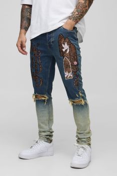 Vaqueros Pitillo Rotos Con Apliques, Azul