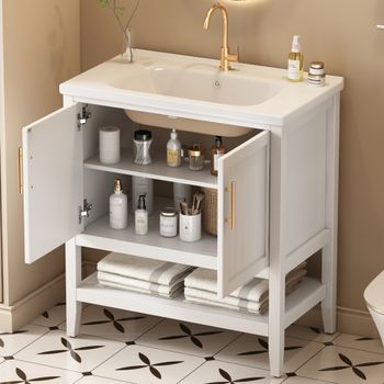 Mueble De Baño Con Lavabo Cerámico, 80 Cm, Blanco, Con Almacenaje