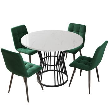 Conjunto De Mesa Redonda Efecto Mármol De 100 Cm Y 4 Sillas Verdes