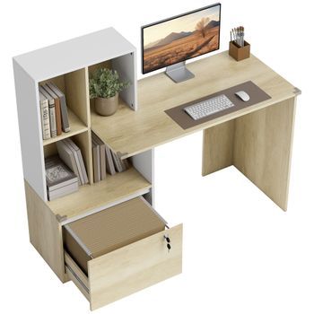 Escritorio De Oficina Con Cuatro Estantes De Melamina Y Cajón Archivador A4 – 126 X 50 X 109 Cm, Roble Y Blanco