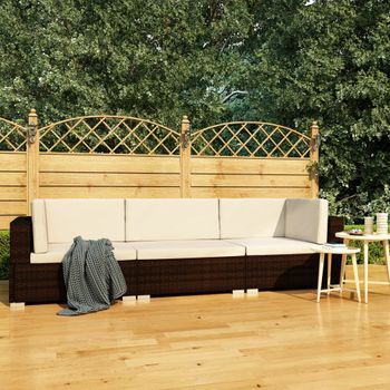 Conjunto Sofás De Jardín 3 Uds | Mueble Jardin Mesa Y Sillas Y Cojines Ratán Sintético Marrón Cfw880522