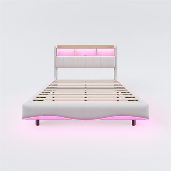 Cama De Adulto 140x200cm En Tejido De Lino Cabecero Con Almacenaje Con Led Y Enchufes Beige