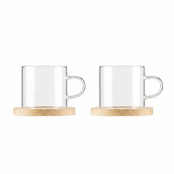 Tazas de té con platos de bambú - lote de 2