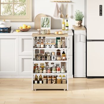 Carrito Estrecho - Mueble Auxiliar Con Ruedas - Mdf - Blanco Y Natural (55x12x85cm)