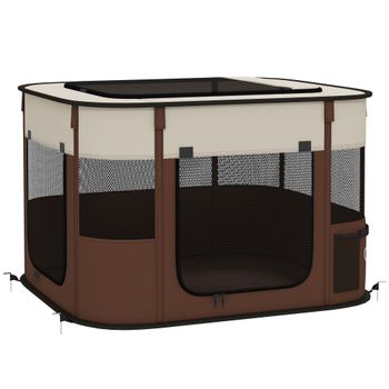 PawHut Parque para Mascotas con 6 Ventanas, 3 Puertas y 2 Bolsillos Portaobjetos, Poliéster y Acero, 74x60x45 cm, Marrón   Aosom España