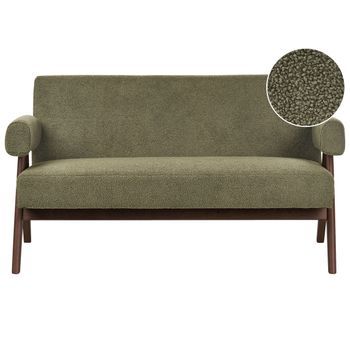 Sofá 2 Plazas Retro Salón Tapizado De Bouclé Patas De Madera Verde Y Marrón Oscuro Tamre