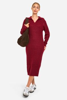 Vestido Maxi De Punto Suave Y Canalé Grueso Con Detalle En El Cuello, Rojo