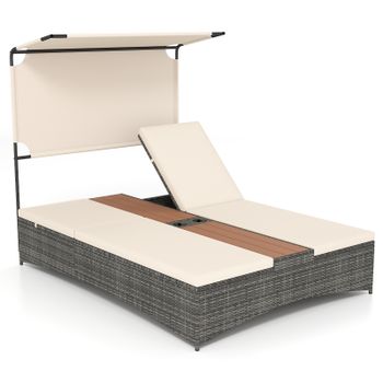 Costway Tumbona Doble de Ratán PE con Toldo Mesa Integrada Portavasos Respaldo Ajustable 6 Niveles para Terraza Piscina 203 x 147 x 164 cm