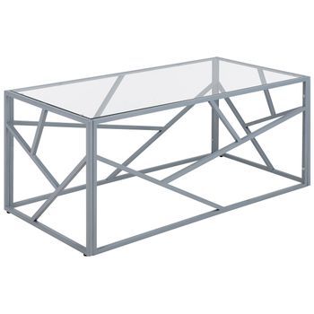 Mesa De Centro Con Marco De Metal Plateado Y Tapa De Cristal Con Diseño Geométrico Orland