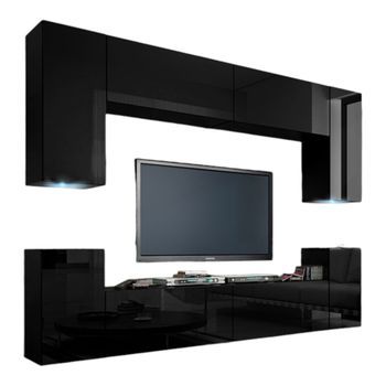 Conjunto De Muebles De Salón Negros Colgantes Colección Cepto I 256cm, 8 Puertas, 6 Estantes, Leds, Modulares.