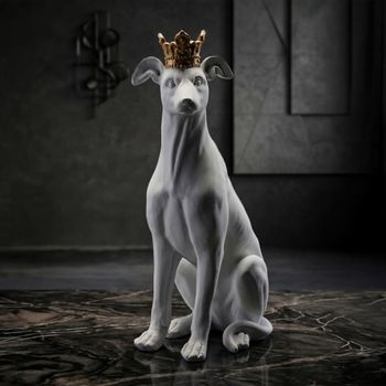 Perro sentado de resina blanca con corona dorada 20x12,5x33 cm