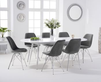 Olivia Extending White High Gloss Dining Table with Celine Velvet Chrome Leg Chairs - Grey, 4 Chairs