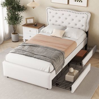 Cama Individual De 90x200 Cm Tapizada En Beige Claro Con Cabecero Ajustable Y Dos Cajones