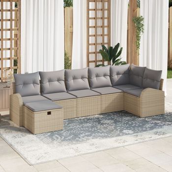 Juego De Sofás De Jardín De 7 Piezas Con Cojines Beige Ratán Poliéster V3029 Unico / Beige