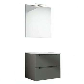 Kibath Mueble De Baño Con Lavabo, Espejo Y Aplique Led Victoria 60x45 Cm Acabado Grafito Mate 2 Cajones Suspendido
