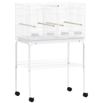 PawHut Jaula para pájaros con comederos y bandeja extraíble, ideal para canarios y periquitos, con soporte incluido, 76x46x46/116 cm Blanco