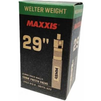 MAXXIS | Cámara Welter Weight 29x2.0-3.0 Válvula Presta 48mm - 0,80 mm de espesor de pared Resistente a perforaciones Válvula: Presta Medida: 29x2.0/3.0 : 50/76-622 Peso: 235g aprox