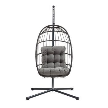 Silla Colgante Tipo Huevo Ratán Negro Con Soporte + Cojín Para Jardín Terraza