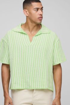 Polo Oversize De Punto Con Escote De Pico Y Rayas, Verde