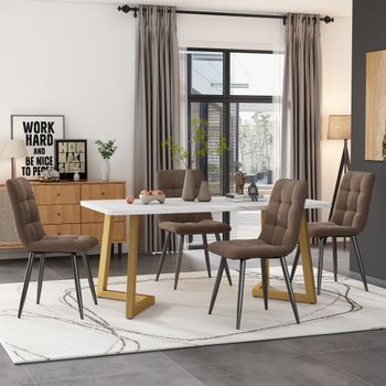 Mesa Y 4 Sillas - Mueble De Comedor - Mdf Y Terciopelo - Blanco Y Marrón (117x68x75cm)