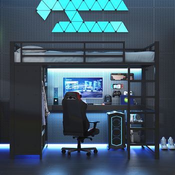 Cama Nido Gaming De Metal 140x200 Con Iluminación Led Escritorio Perchero Abierto Y Compartimentos De Almacenamiento Negro