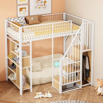 Cama Alta 90 X 200 Cm Blanca Con Almacenamiento, Escalera Y Armario