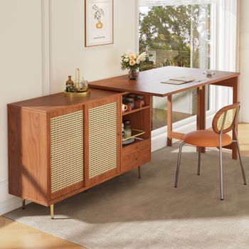Mesa De Comedor Extensible Marrón Con Tablero Giratorio 360° Y Almacenamiento