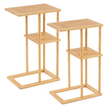 Costway Juego de 2 Mesas Auxiliares Rectangulares de Bambú con Estantes Almacenamiento Mesita Noche Mueble Esquinera Sala Dormitorio Natural