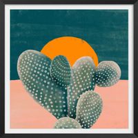 cartel ilustracion cactus y sol naranja con marco negro 50x50cm