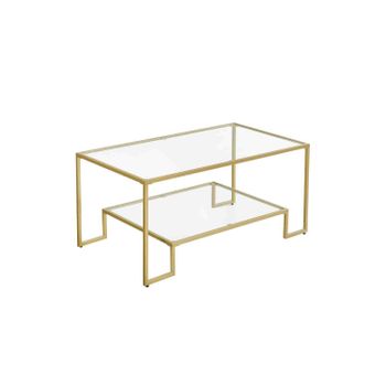 Mesa de Centro de Vidrio con Almacenamiento Superficie de Vidrio Templado, Dorado