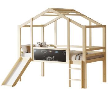 Cama Alta De 90x200 Cm Con Escalera De Seguridad Y Tobogán, Panel Decorativo Con Grafitis - Madera