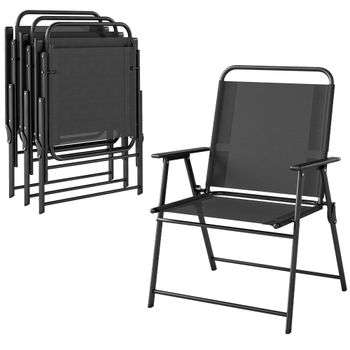Outsunny Pack de 4 Sillas de Camping Plegables con Respaldo Alto Asiento Ancho y Reposabrazos Tela Textilene Transpirable Negro