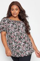 yours top negro y rosa floral manga corta abullonada mujer curvy y tallas grandes yours