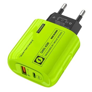 [GaN Tech] APD-555 Cargador USB PD de 45W de 2 puertos,cargador rápido de pared USB-A + USB-C,adaptador EU Plug,US Plug