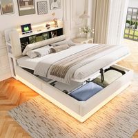 cama tapizada 160 x 200 cm con luces led usb y almacenaje hidraulico beige