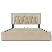 cama con canape tapizada 140x200cm con led y puerto de carga usb y tipo c tela de lino somier de laminas beige