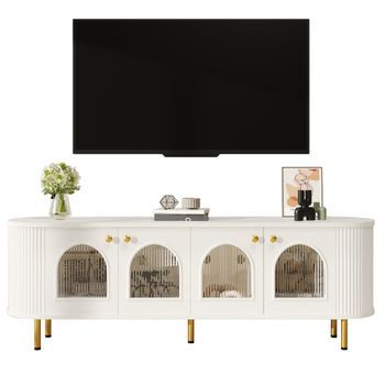 Mueble Para Tv Blanco Y Dorado, Mesa De Tv 170 Cm De Largo Con Puertas De Cristal, Bordes Redondeados, Madera Mdf