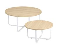 homcom juego de 2 mesas de centro o65x32 cm y o45x26 cm mesas de salon redondas con encimera de madera y patas de metal para domitorio natural y blanco