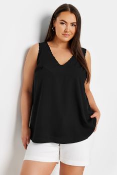 Yours Top Negro Con Tirantes Anchos Festoneados, Mujer Curvy Y Tallas Grandes, Yours