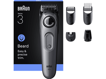Barbero - Braun Series 3 BT3560, 4 cabezales para barba, 40 ajustes de longitud, Lámina ultra afilada, Gris