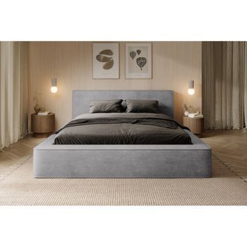 Cama Con Canapé Denali – Gris Claro – 160x200 Cm – Tela De Terciopelo Suave – Somier Elevable – Almacenamiento Integrado