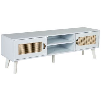 Mueble Tv Blanco Crema Beige 140 X 39 Cm Mdf 2 Estantes Frentes De Ratán Parton