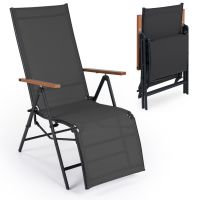 costway tumbona plegable con respaldo ajustable 5 posiciones reposabrazos tejido transpirable para balcon jardin piscina carga 150kg negro
