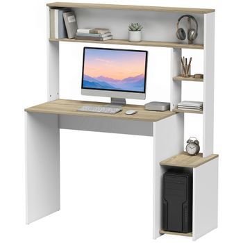 Escritorio De Estudio Con Estantes, Tablero Melaminado, 114 X 45 X 138 Cm – Blanco Y Madera Natural