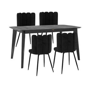 Mesa y sillas para 4 personas de terciopelo y madera negra
