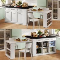 isla de cocina blanca de 150 cm con mesa extensible y encimera efecto marmol