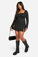 vestido plus mini recto cuadrado con atadura en los punos negro