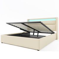 cama tapizada de 160x200 doble con almacenamiento hidraulico y tira led blanca con mando a distancia