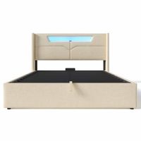 cama contenedor 160x200cm tapizada en tela de lino - con led y puertos de carga - con somier - beige
